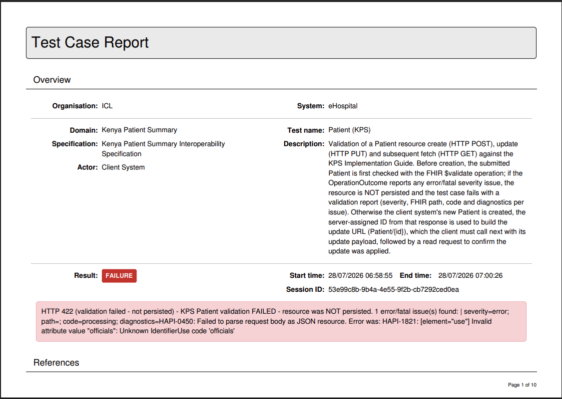 Downloadable test case report showing a validation failure with diagnostics
